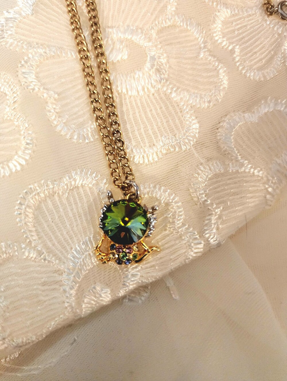 Watermelon Rivoli Axolotl or Frilled Lizard Gold & Silver Two-Tone Necklace